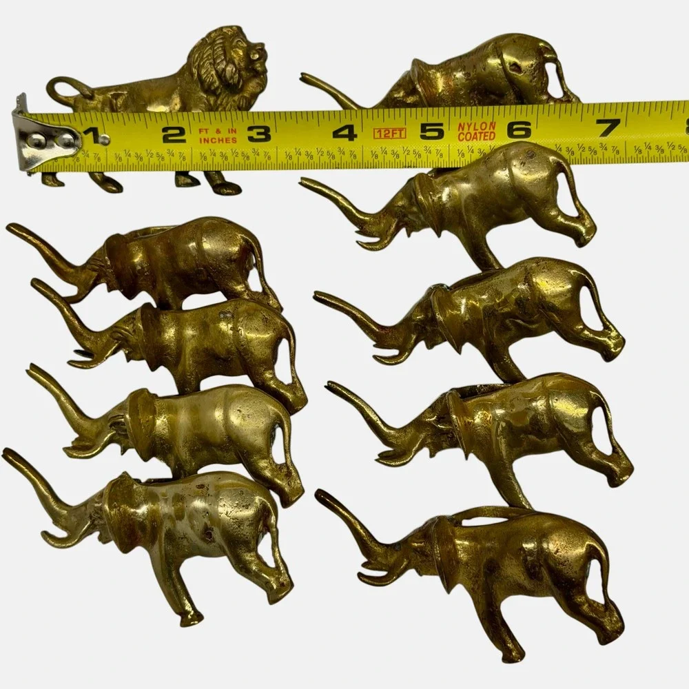 Vintage Brass Elephant and Lion Napkin Rings Set of 10 Made in India Gold Tone